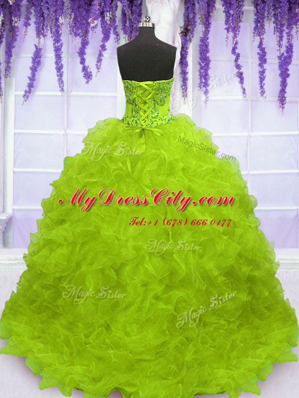 Hot Sale Sleeveless With Train Beading and Appliques and Ruffles Lace Up Sweet 16 Dress with Yellow Green Brush Train