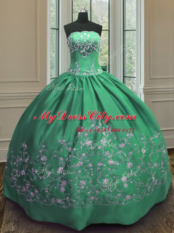 Custom Fit Satin Sleeveless Floor Length Quinceanera Dresses and Embroidery