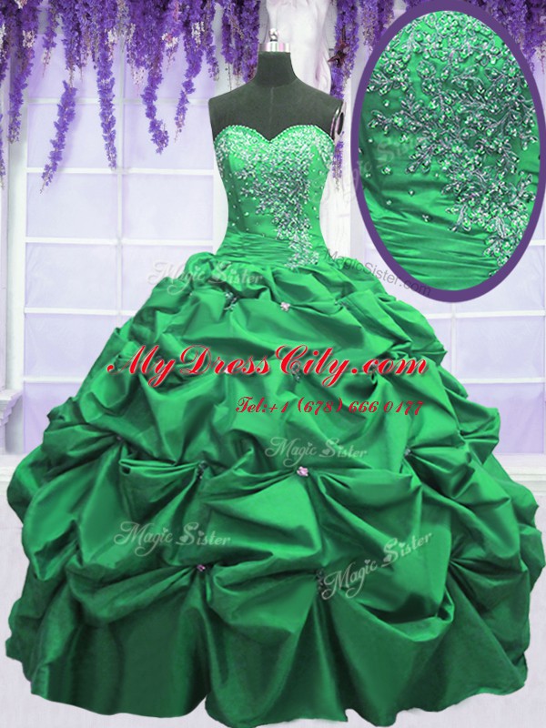 Sweet Pick Ups Ball Gowns Sweet 16 Quinceanera Dress Green Sweetheart Taffeta Sleeveless Floor Length Lace Up