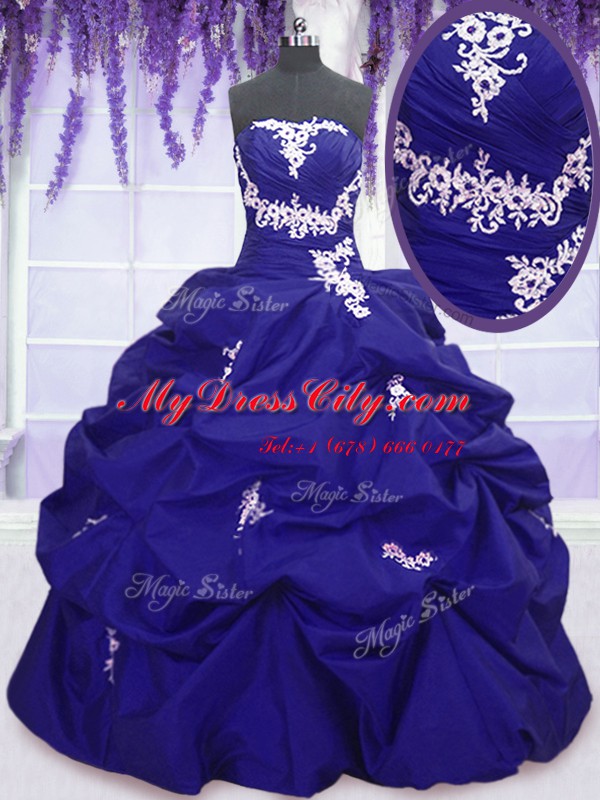 Hot Sale Royal Blue Sleeveless Floor Length Appliques and Pick Ups Lace Up Sweet 16 Quinceanera Dress