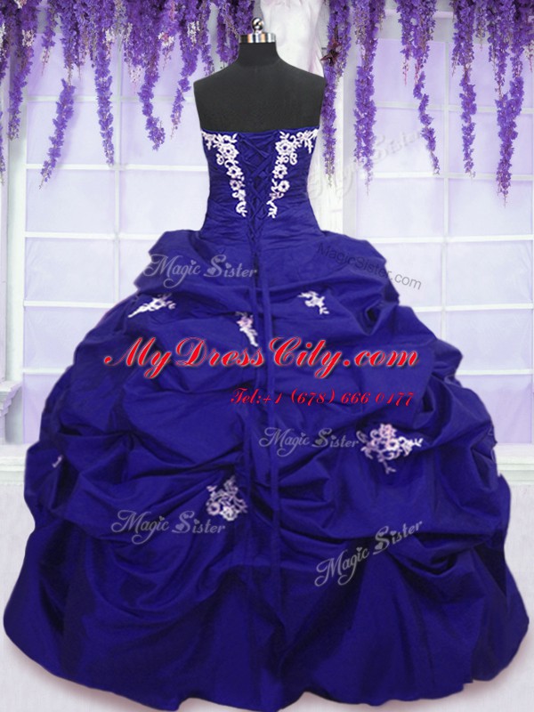 Hot Sale Royal Blue Sleeveless Floor Length Appliques and Pick Ups Lace Up Sweet 16 Quinceanera Dress