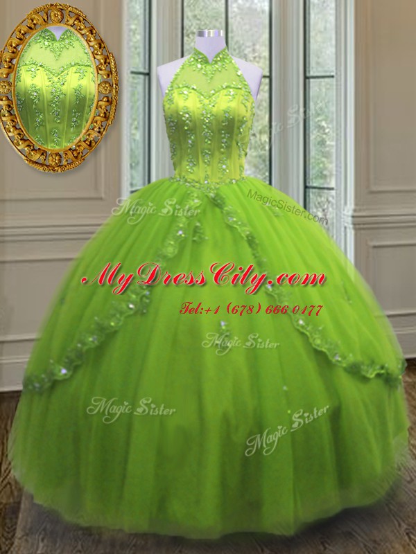 High Class Sleeveless Floor Length Beading and Appliques Lace Up Sweet 16 Quinceanera Dress with Yellow Green