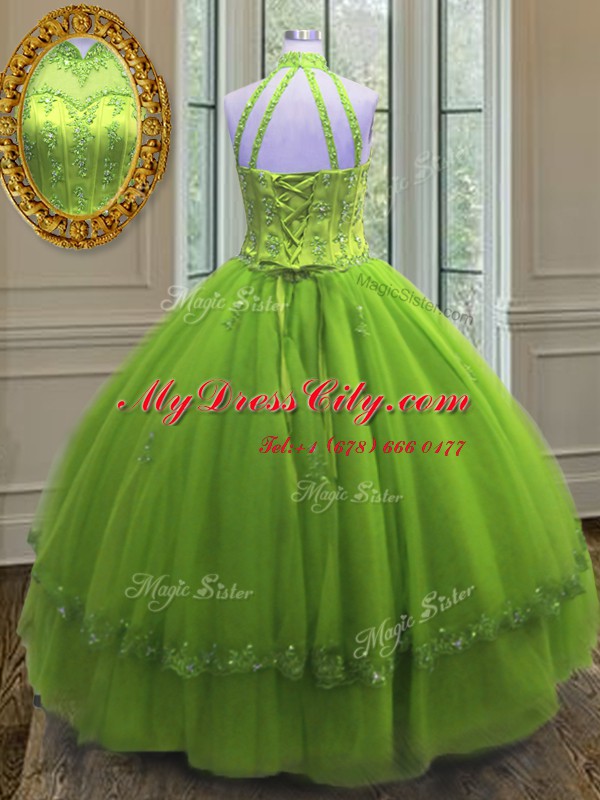 High Class Sleeveless Floor Length Beading and Appliques Lace Up Sweet 16 Quinceanera Dress with Yellow Green