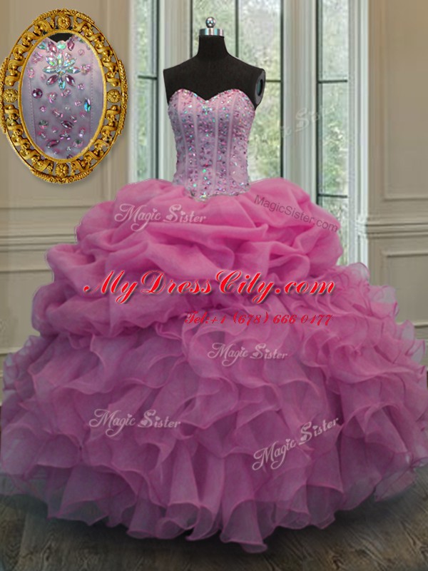 Rose Pink Sleeveless Beading and Ruffles and Pick Ups Floor Length Quinceanera Gowns