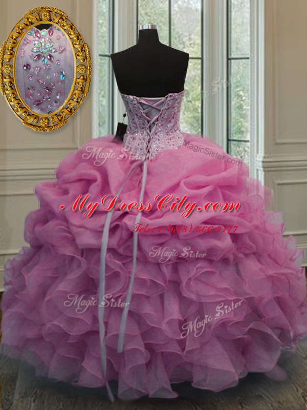 Rose Pink Sleeveless Beading and Ruffles and Pick Ups Floor Length Quinceanera Gowns