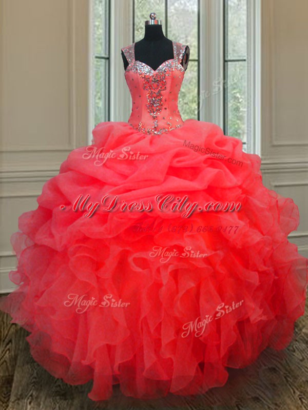 Coral Red Zipper Straps Beading and Ruffles Sweet 16 Quinceanera Dress Organza Sleeveless