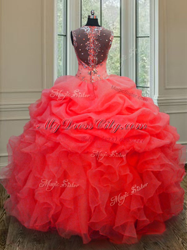 Coral Red Zipper Straps Beading and Ruffles Sweet 16 Quinceanera Dress Organza Sleeveless