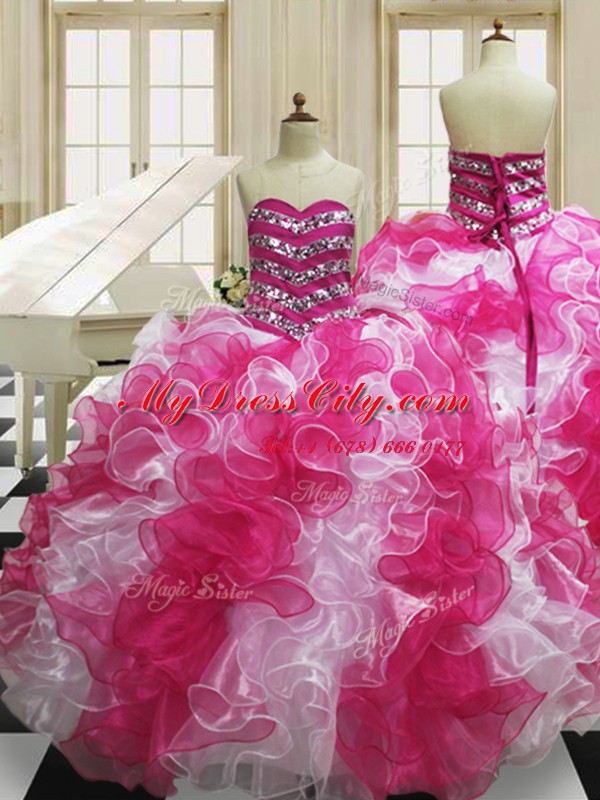 Enchanting Organza Sleeveless Floor Length Quince Ball Gowns and Beading and Ruffles