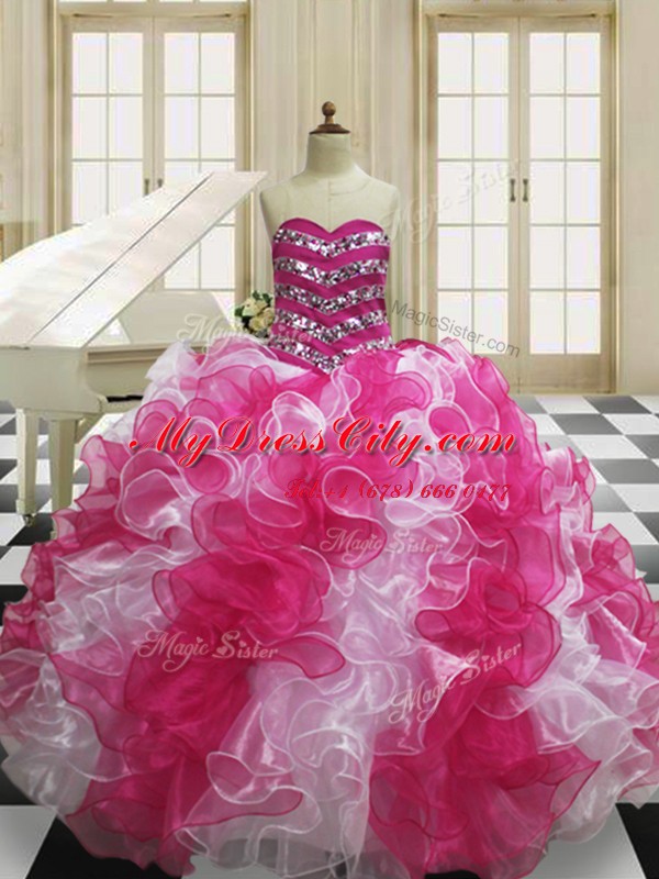 Enchanting Organza Sleeveless Floor Length Quince Ball Gowns and Beading and Ruffles