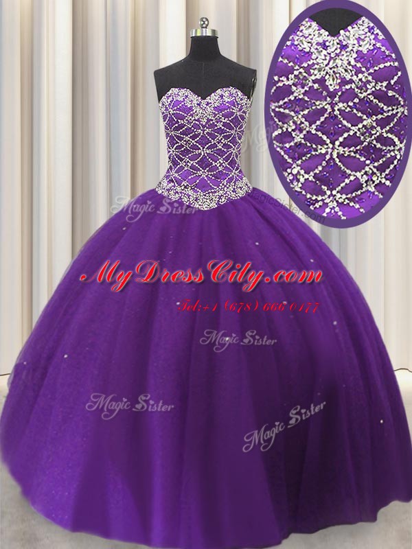 Fantastic Sequins Sweetheart Sleeveless Lace Up Quinceanera Dresses Eggplant Purple Tulle