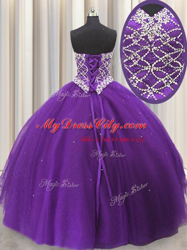 Fantastic Sequins Sweetheart Sleeveless Lace Up Quinceanera Dresses Eggplant Purple Tulle