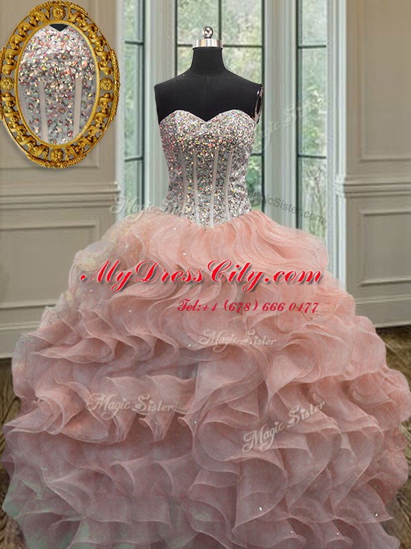 Sleeveless Lace Up Floor Length Beading and Ruffles 15th Birthday Dress