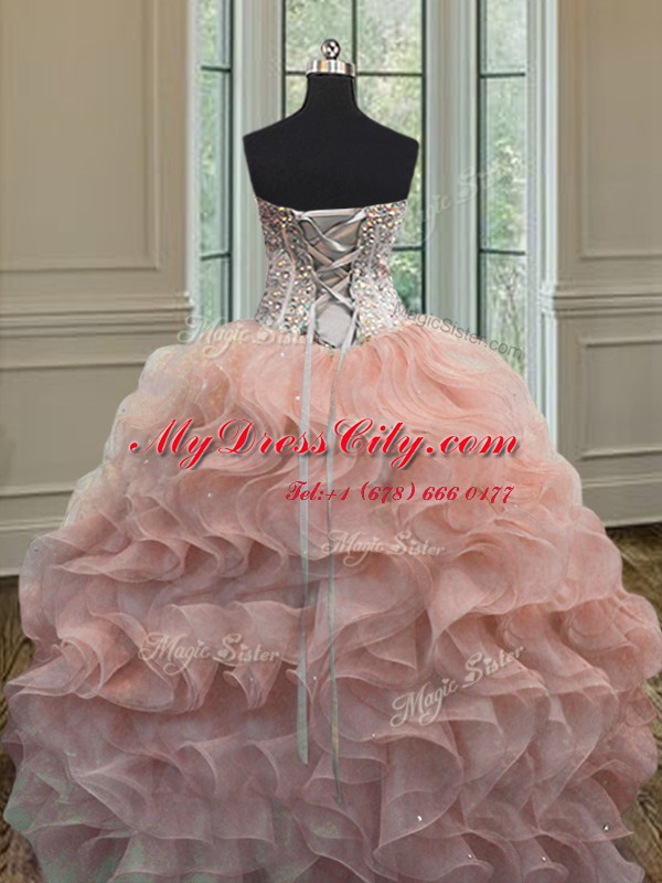 Sleeveless Lace Up Floor Length Beading and Ruffles 15th Birthday Dress