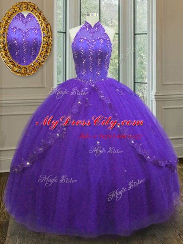 Purple Sleeveless Tulle Lace Up Quinceanera Dress for Military Ball and Sweet 16 and Quinceanera