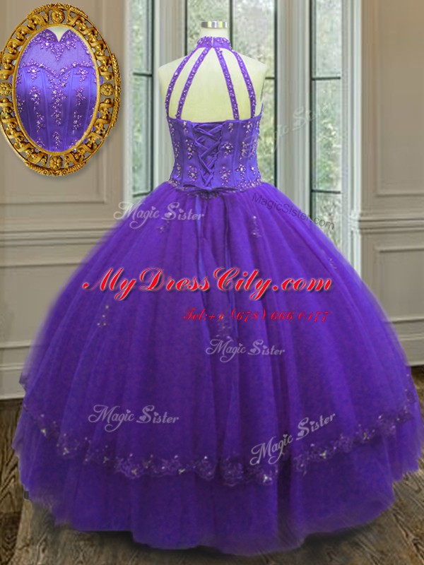 Purple Sleeveless Tulle Lace Up Quinceanera Dress for Military Ball and Sweet 16 and Quinceanera