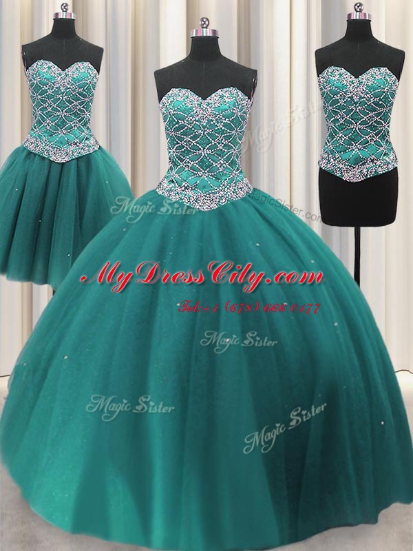 Three Piece Teal Tulle Lace Up Sweetheart Sleeveless Floor Length Sweet 16 Dresses Beading and Sequins