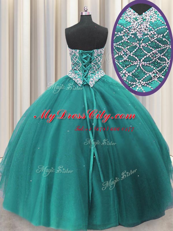 Three Piece Teal Tulle Lace Up Sweetheart Sleeveless Floor Length Sweet 16 Dresses Beading and Sequins