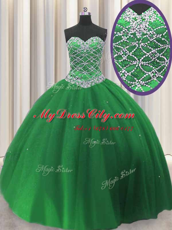 Green Sweetheart Lace Up Beading Sweet 16 Dress Sleeveless