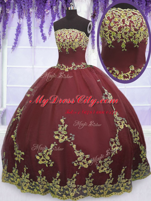 Luxury Burgundy Tulle Zipper Quinceanera Dresses Sleeveless Floor Length Appliques