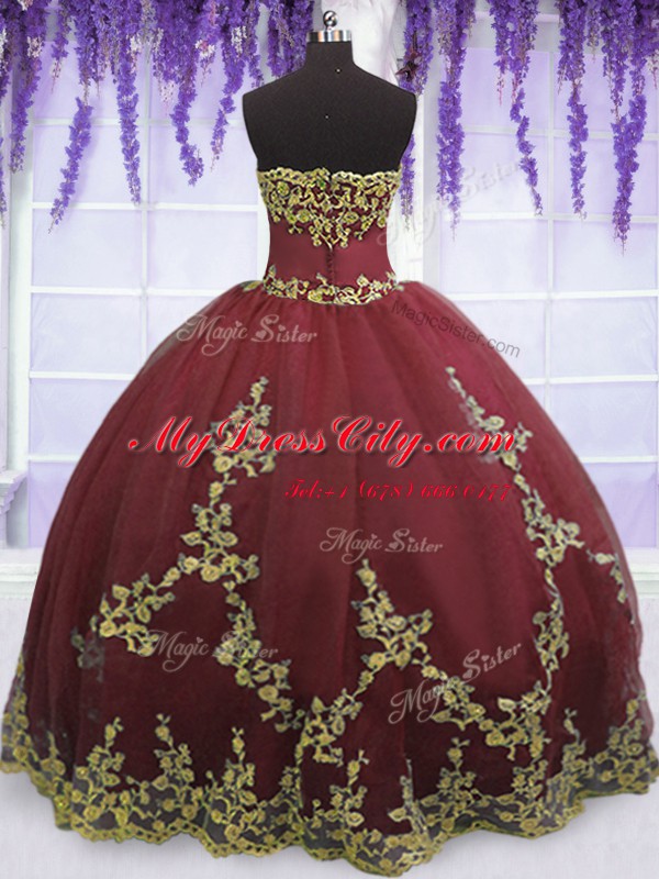 Luxury Burgundy Tulle Zipper Quinceanera Dresses Sleeveless Floor Length Appliques