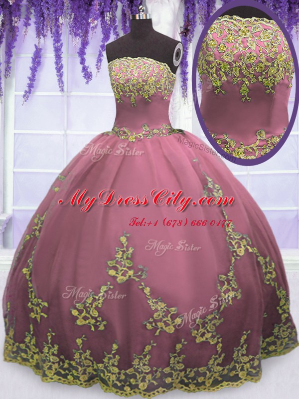 Strapless Sleeveless Quinceanera Gown Floor Length Appliques Lilac Tulle