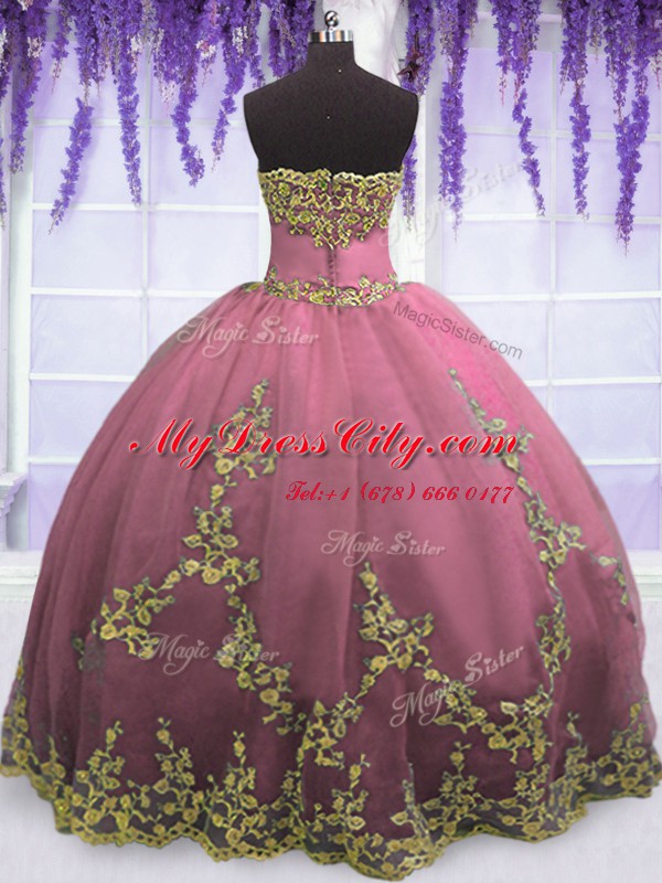 Strapless Sleeveless Quinceanera Gown Floor Length Appliques Lilac Tulle