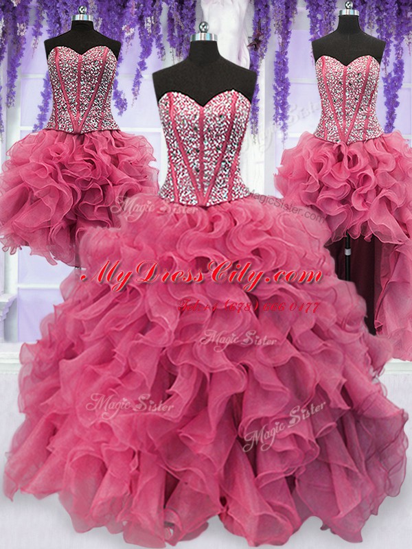 Four Piece Pink Sleeveless Ruffled Layers and Sequins Floor Length Sweet 16 Dress