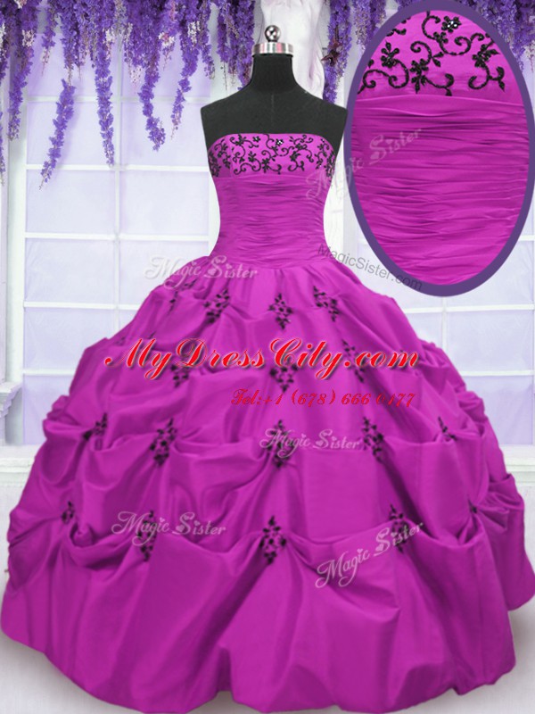 New Style Floor Length Fuchsia 15 Quinceanera Dress Taffeta Sleeveless Embroidery and Pick Ups