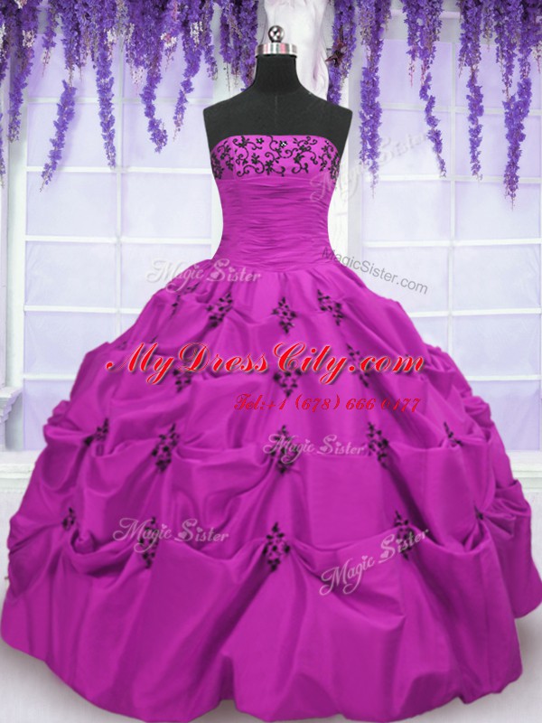 New Style Floor Length Fuchsia 15 Quinceanera Dress Taffeta Sleeveless Embroidery and Pick Ups