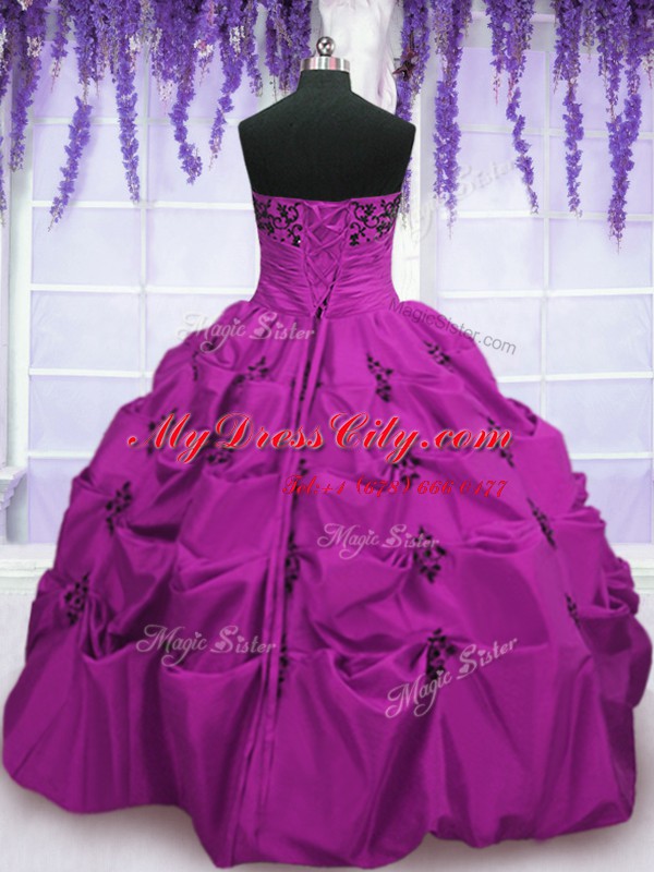 New Style Floor Length Fuchsia 15 Quinceanera Dress Taffeta Sleeveless Embroidery and Pick Ups