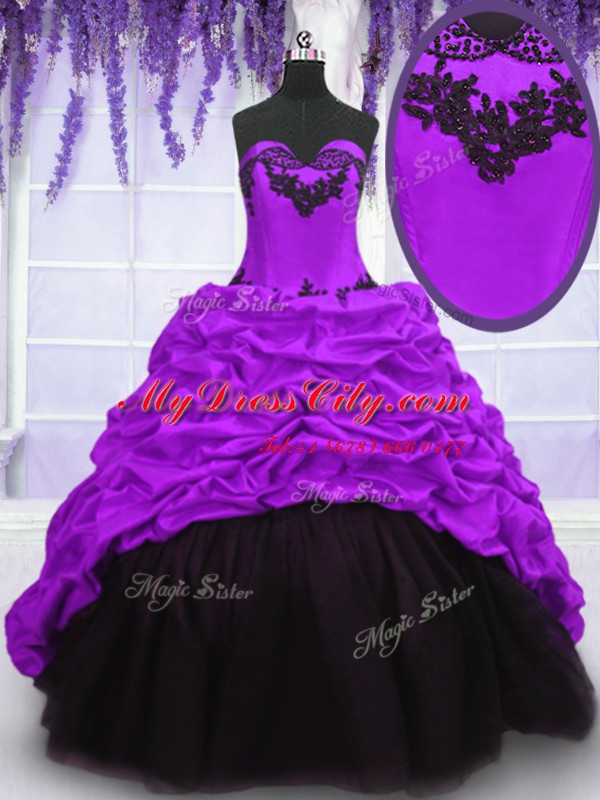 Attractive With Train Purple Vestidos de Quinceanera Taffeta Sweep Train Sleeveless Appliques and Pick Ups