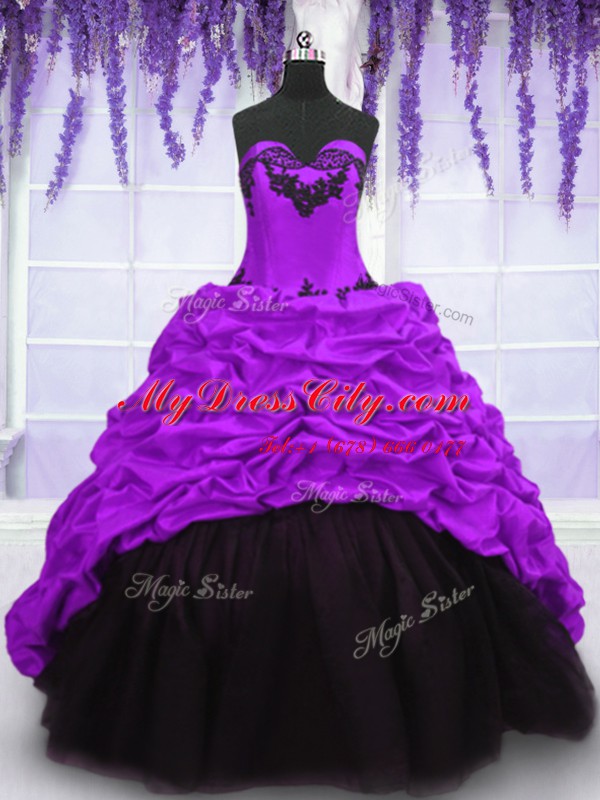 Attractive With Train Purple Vestidos de Quinceanera Taffeta Sweep Train Sleeveless Appliques and Pick Ups