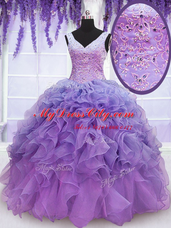 Floor Length Lace Up Sweet 16 Quinceanera Dress Lavender for Military Ball and Sweet 16 and Quinceanera with Beading and Embroidery and Ruffles