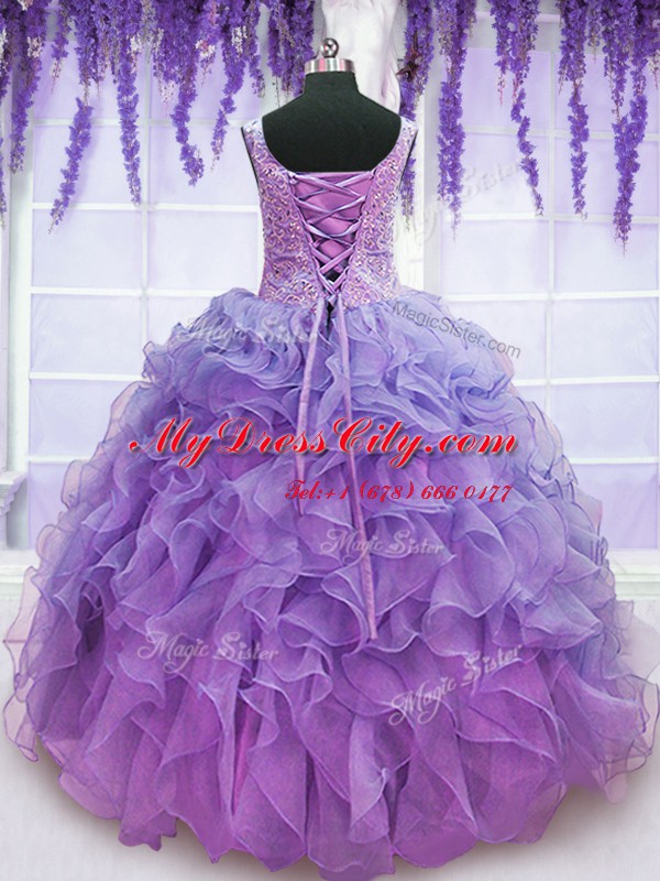 Floor Length Lace Up Sweet 16 Quinceanera Dress Lavender for Military Ball and Sweet 16 and Quinceanera with Beading and Embroidery and Ruffles