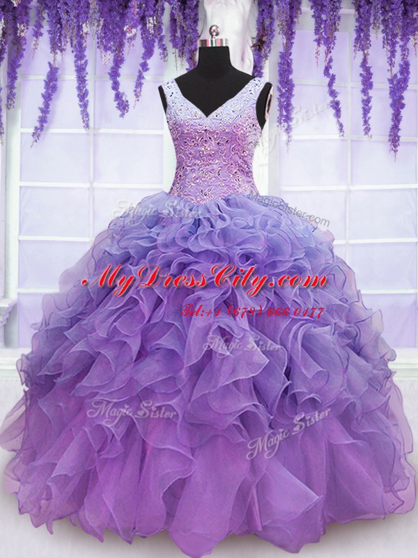 Floor Length Lace Up Sweet 16 Quinceanera Dress Lavender for Military Ball and Sweet 16 and Quinceanera with Beading and Embroidery and Ruffles