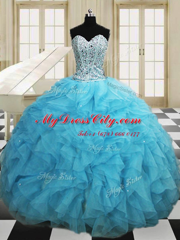 Three Piece Sweetheart Sleeveless Lace Up Sweet 16 Dresses Baby Blue Organza