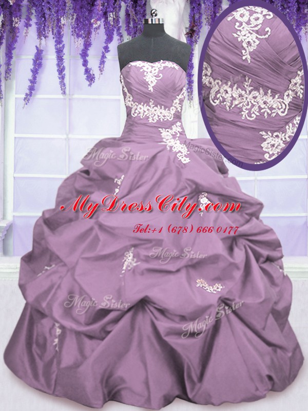 Lilac Taffeta Lace Up Strapless Sleeveless Floor Length Quinceanera Dress Appliques and Ruching and Pick Ups