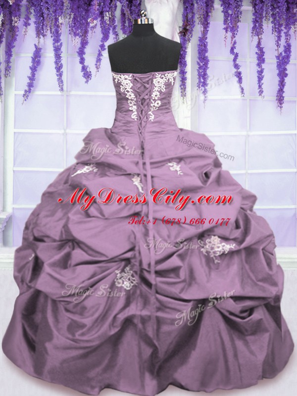 Lilac Taffeta Lace Up Strapless Sleeveless Floor Length Quinceanera Dress Appliques and Ruching and Pick Ups