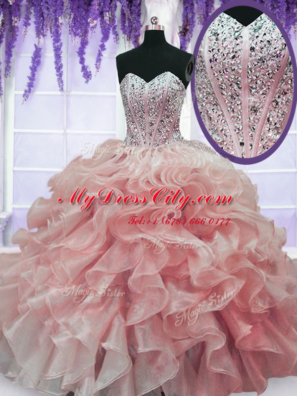 Organza Sleeveless Floor Length 15th Birthday Dress and Beading and Ruffles