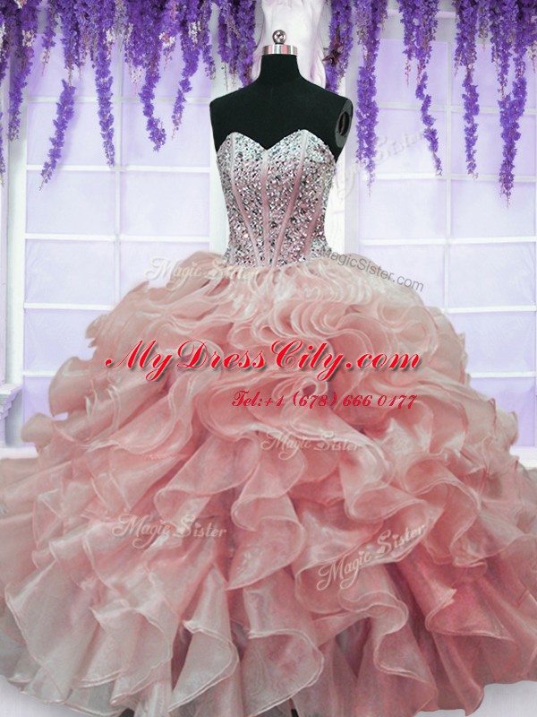 Organza Sleeveless Floor Length 15th Birthday Dress and Beading and Ruffles