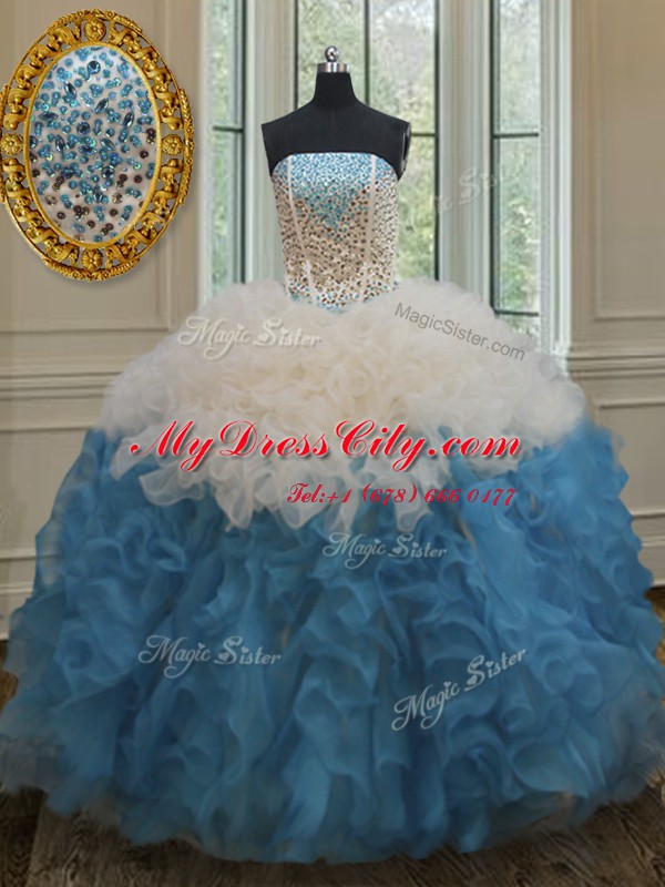 Fabulous Blue And White Sleeveless Organza Side Zipper Vestidos de Quinceanera for Military Ball and Sweet 16 and Quinceanera