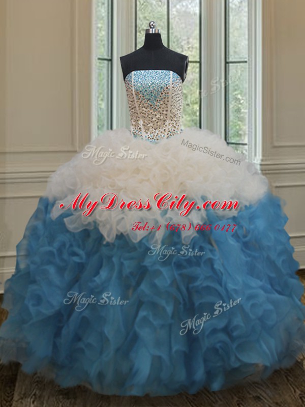 Fabulous Blue And White Sleeveless Organza Side Zipper Vestidos de Quinceanera for Military Ball and Sweet 16 and Quinceanera