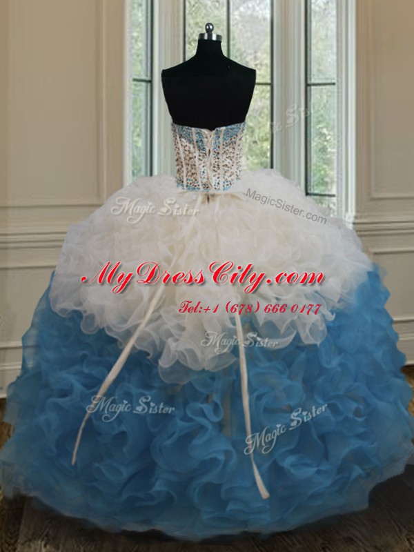 Fabulous Blue And White Sleeveless Organza Side Zipper Vestidos de Quinceanera for Military Ball and Sweet 16 and Quinceanera