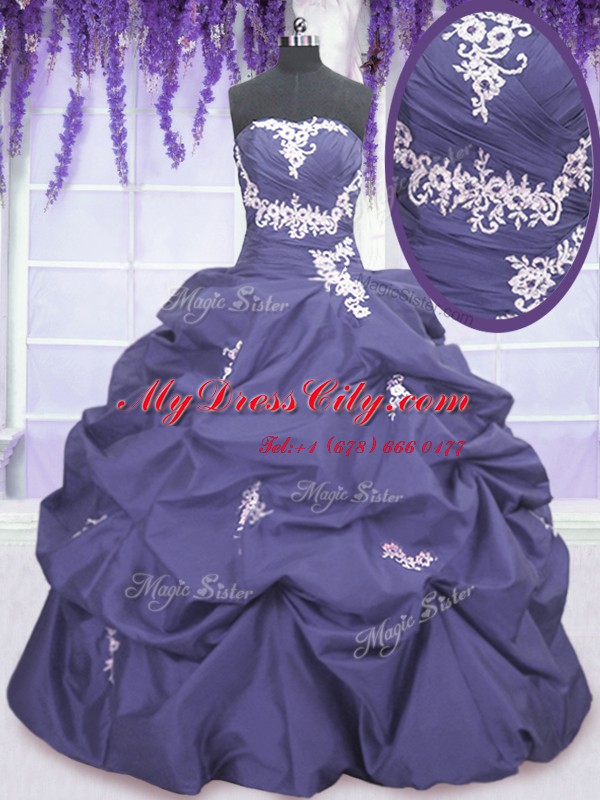 Low Price Lavender Taffeta Lace Up Strapless Sleeveless Floor Length Vestidos de Quinceanera Appliques and Pick Ups