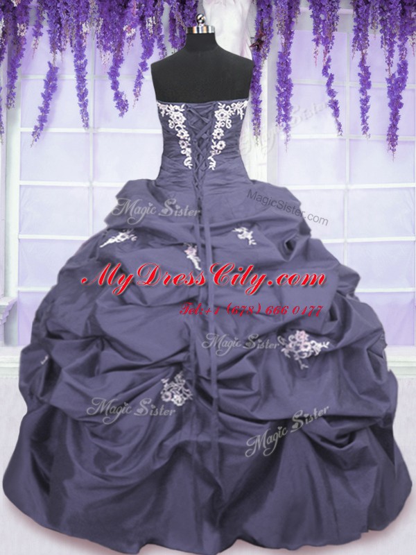 Low Price Lavender Taffeta Lace Up Strapless Sleeveless Floor Length Vestidos de Quinceanera Appliques and Pick Ups