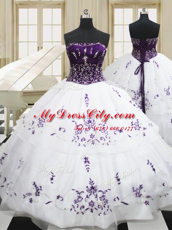 White Lace Up 15 Quinceanera Dress Beading and Embroidery Sleeveless Floor Length