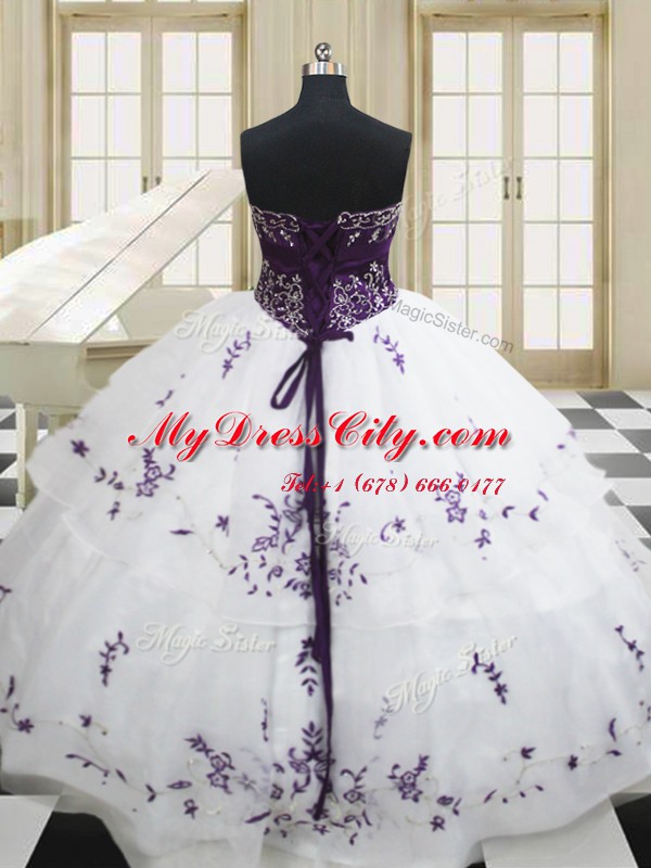 White Lace Up 15 Quinceanera Dress Beading and Embroidery Sleeveless Floor Length