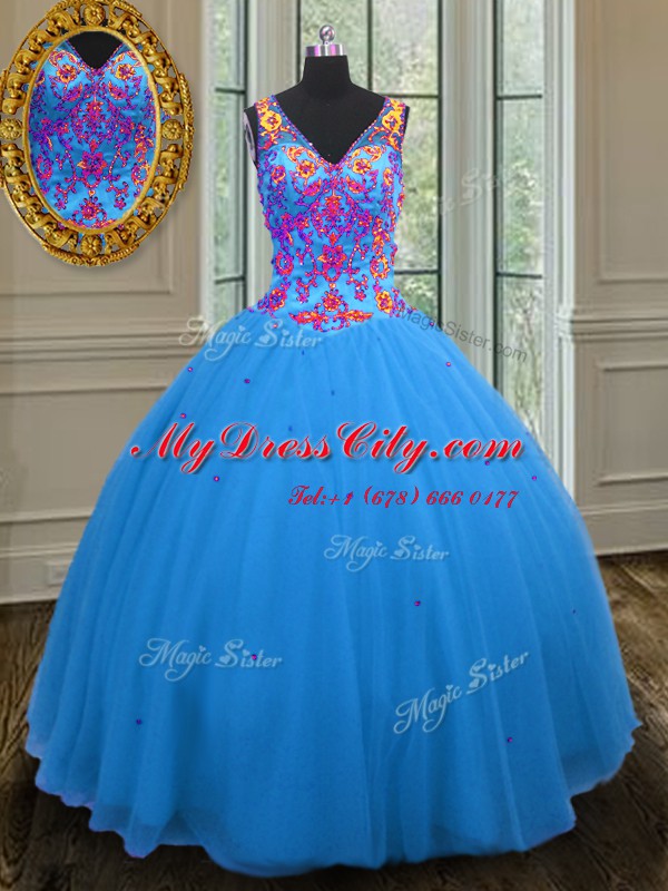 Tulle Straps Sleeveless Zipper Beading and Sequins Quinceanera Dress in Blue