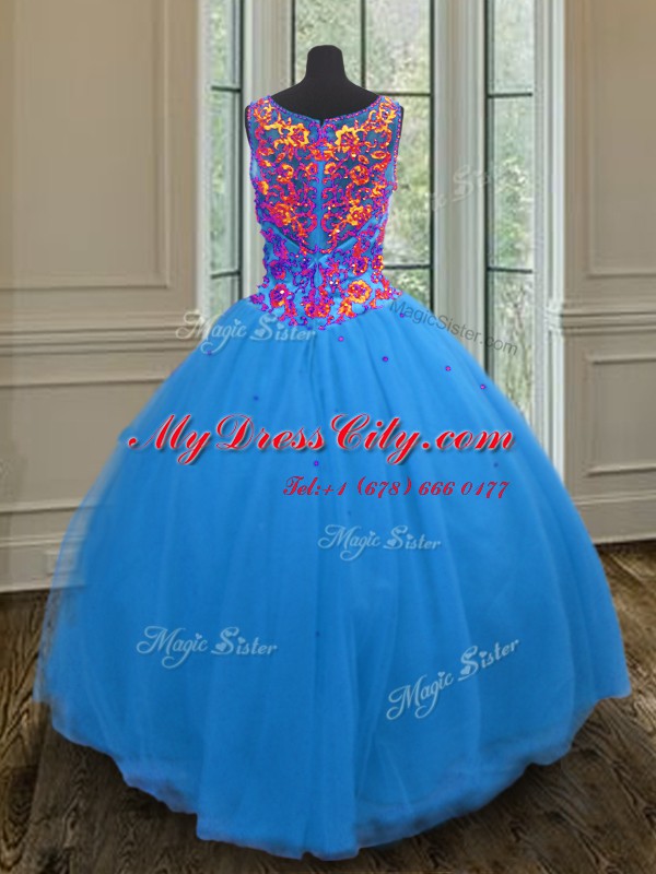 Tulle Straps Sleeveless Zipper Beading and Sequins Quinceanera Dress in Blue