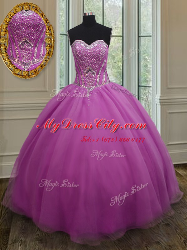 Enchanting Floor Length Lace Up Quinceanera Gown Fuchsia for Military Ball and Sweet 16 and Quinceanera with Beading and Belt